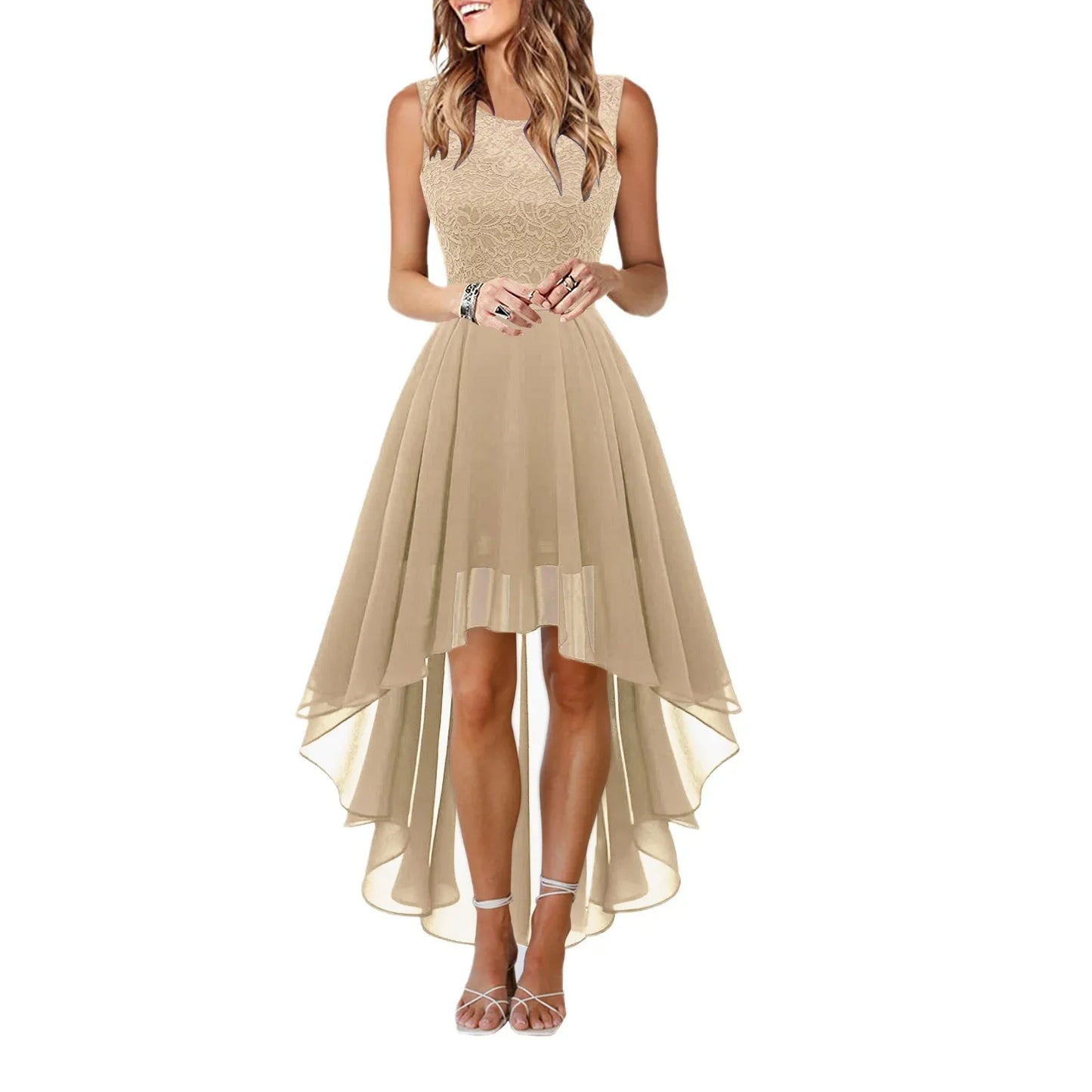Spring Summer 2025 Hollow out Waist Cinched Lace Evening Dress Midi Skirt Sleeveless round Neck Polyester Fabric Empire Waist