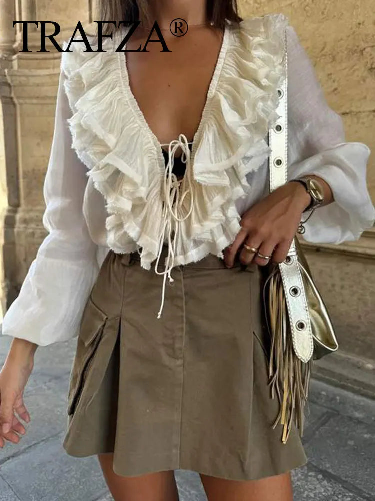TRAFZA Elegant Women's Tierred Ruffles Blouses V-Neck Long Sleeve Loose Shirt Lady Spring Chic Lace-up Wild Woman Solid Top