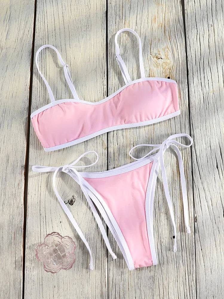 ZRTAK Pink Bikini Sets Patchwork Swimsuit Bandeau Women's Swimwear 2025 Low Waist Biquinis Women Bathing Suit Sexy Bikinis