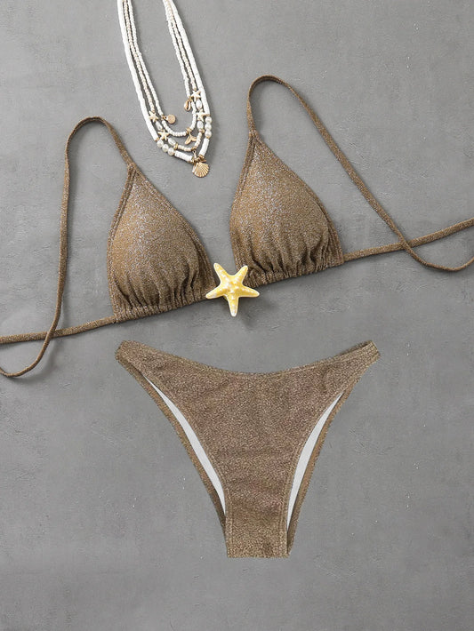 2025 New Sexy Halter Bikini Set starfish accessories Swimwear Women's Swimsuit Beachwear Black Green Lacing Up Bathing Suit
