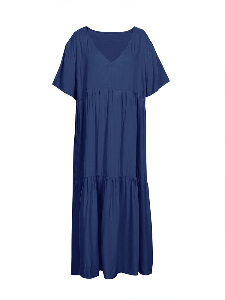 Plus Size Dress Women 2025 Summer V-Neck Short Sleeve Pleated Solid Color Casual Midi Dress Hem Loose Dress XL-5XL