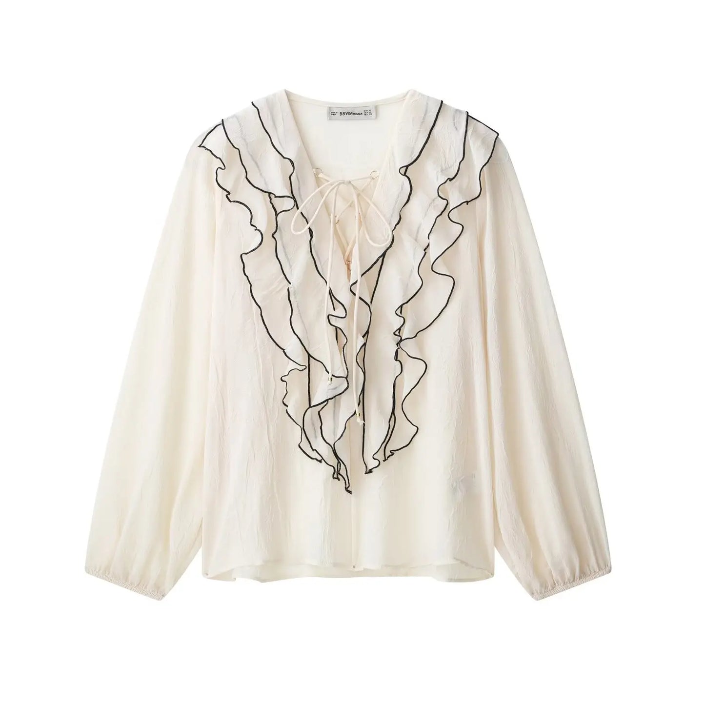 Zevity New Women Fashion V Neck Cascading Ruffles Black Line Eding Smock Blouse Female Long Sleeve Shirt Blusas Chic Tops LS9356