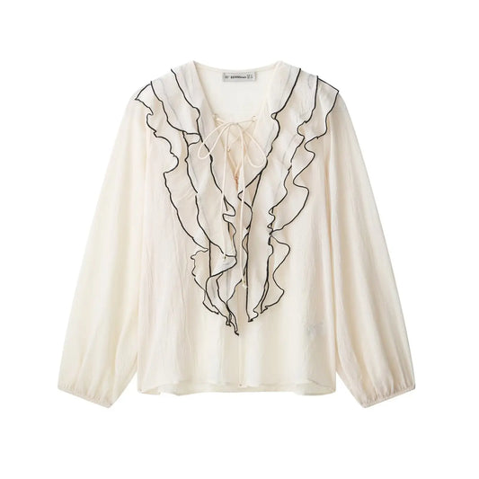 Zevity New Women Fashion V Neck Cascading Ruffles Black Line Eding Smock Blouse Female Long Sleeve Shirt Blusas Chic Tops LS9356