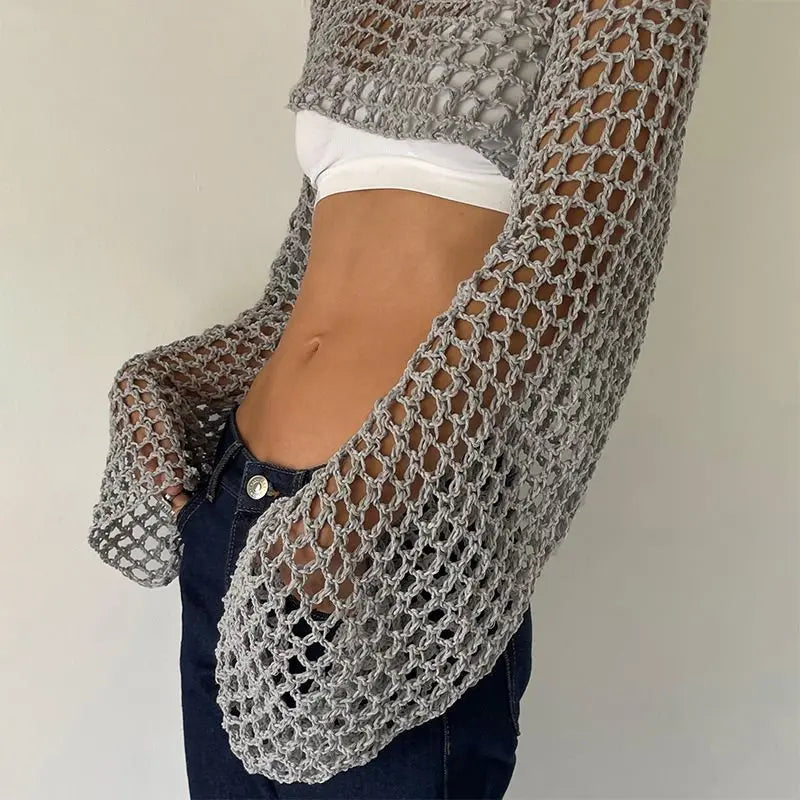 Long Sleeve Crochet Crop Top Summer Knit Hollow Out Mesh Cover Ups 2024 Women‘s Y2k Crochet Tops Pullover Streetwear