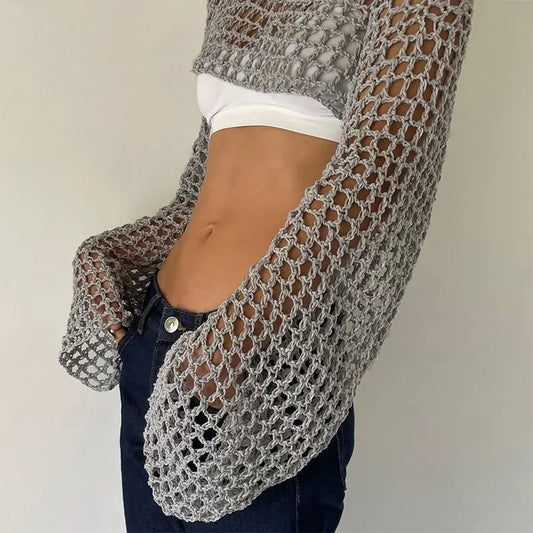 Long Sleeve Crochet Crop Top Summer Knit Hollow Out Mesh Cover Ups 2024 Women‘s Y2k Crochet Tops Pullover Streetwear
