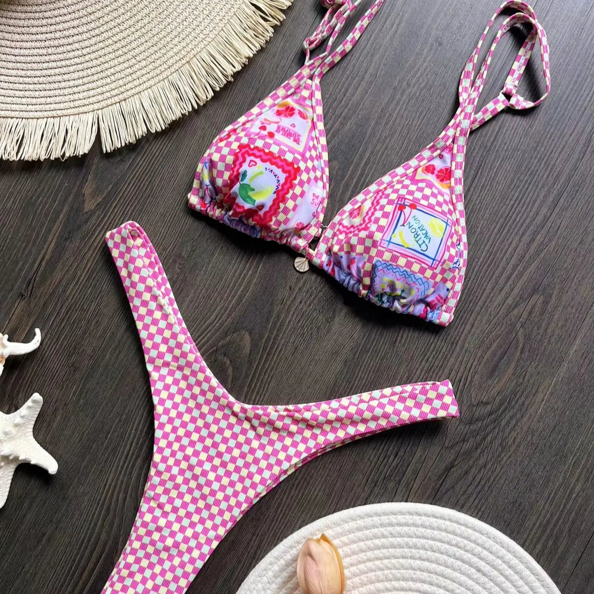 Plaid Printed Brazilian High Leg Cut Bikini Women Swimwear Female Swimsuit Two-pieces Bikini set Bather Bathing Suit Swim