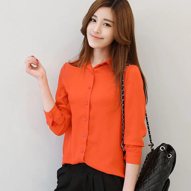 Simple Solid Colors Women Chiffon Shirts 2023 New Long Sleeve Ladies Casual Chiffon Blouse Tops Fashion Women Shirt Clothing