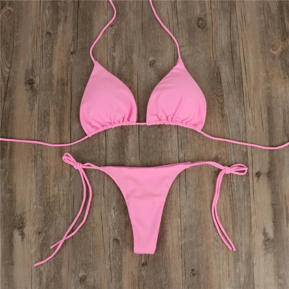 Swimming Suit Sexy Women 2-pcs Swimwear Lace Up Bra Thong Beach Set Solid Bathing Summer Casual Vacation Ladies Outfits 2024