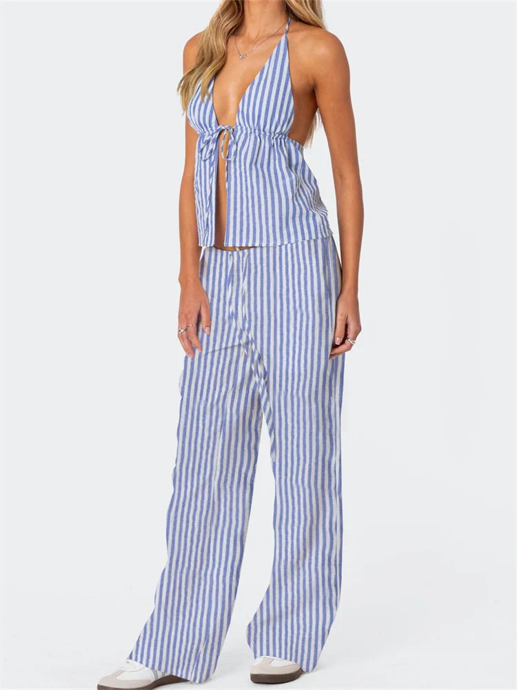 CHRONSTYLE Women Summer Pants Outfits Striped/Solid Halter Tie-Up Backless Tank Tops Wide-Leg Pants 2 Pieces Set Streetwear 2024