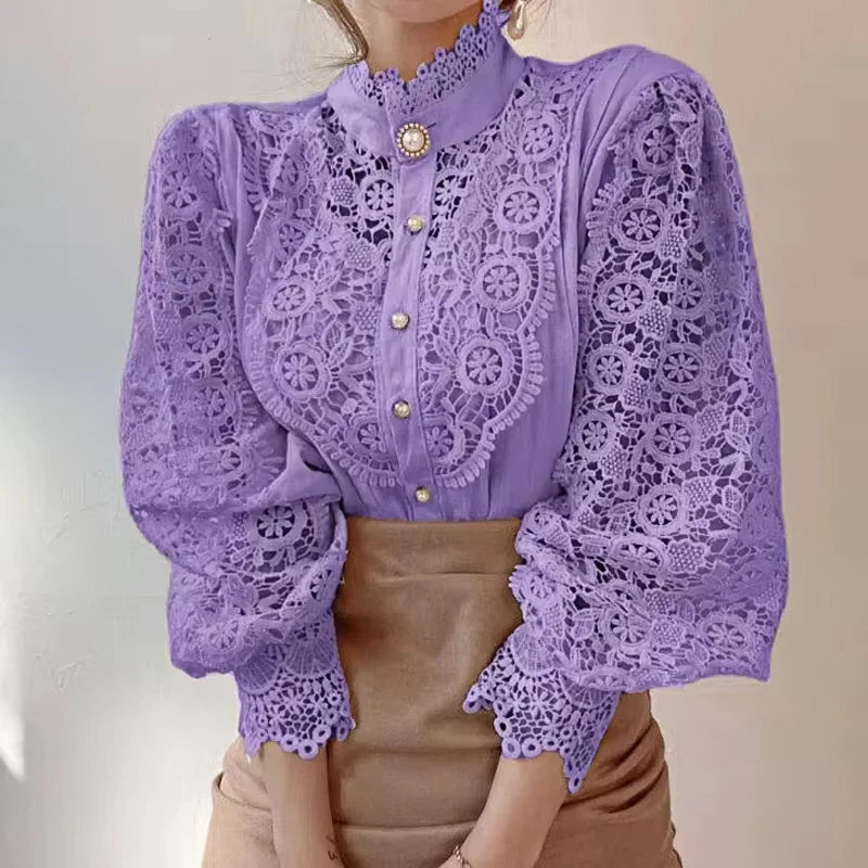 Elegant Loose Sweet Fashion Lace Women Blouse Office Stand Collar Casual Shirt Ladies Petal Long Sleeves Hollow Out Top Clothing