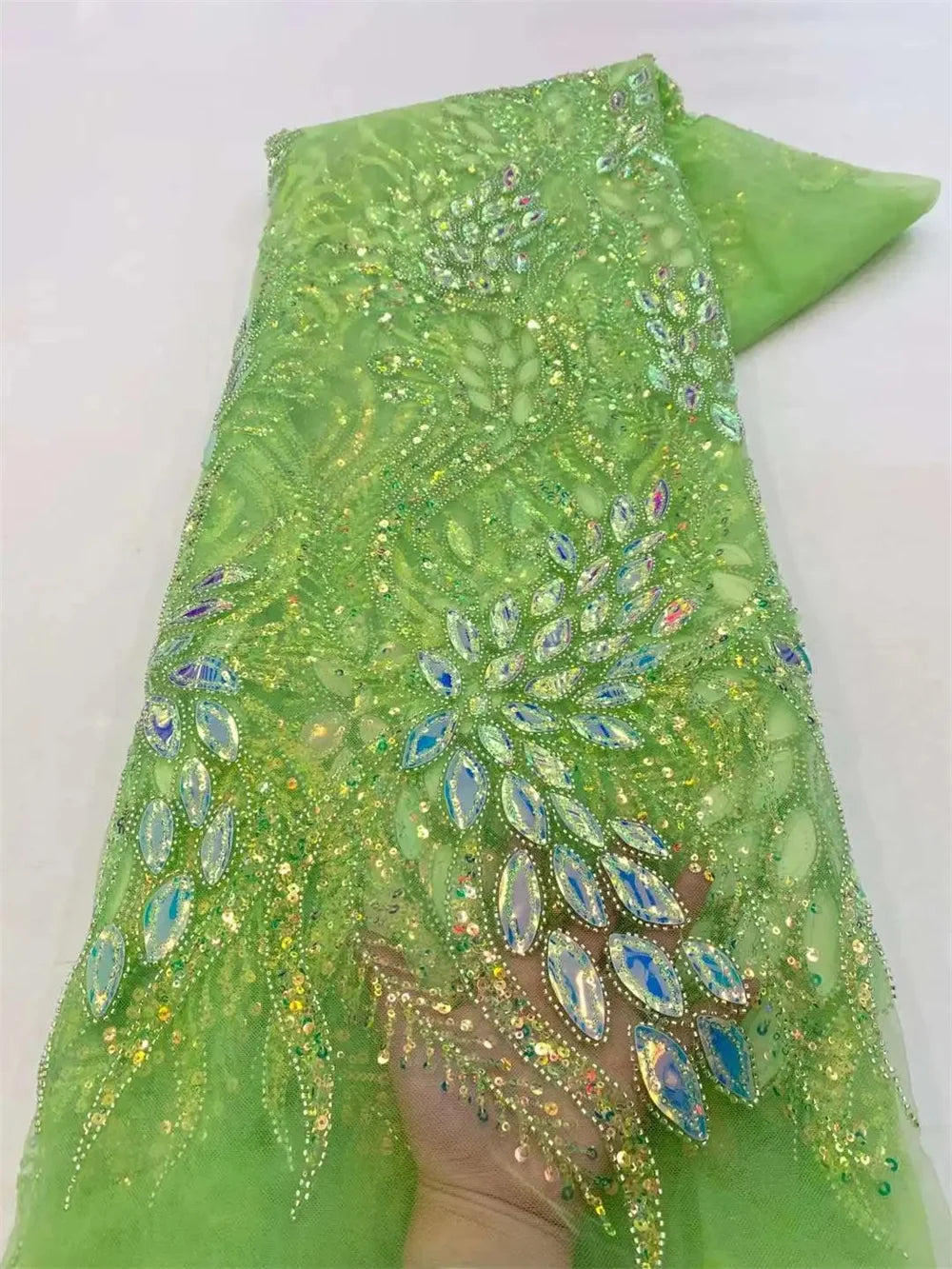 African Heavy Beaded Lace Fabric 2025 - Nigerian French Tulle - XY06, 5 Yards