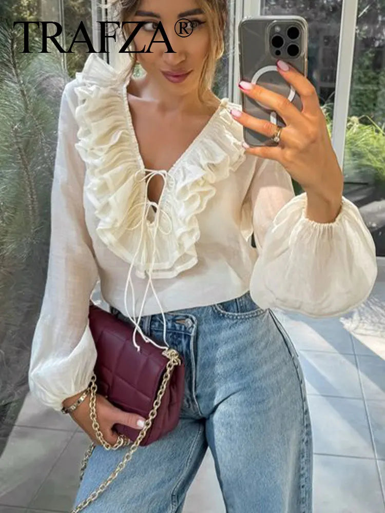 TRAFZA Elegant Women's Tierred Ruffles Blouses V-Neck Long Sleeve Loose Shirt Lady Spring Chic Lace-up Wild Woman Solid Top