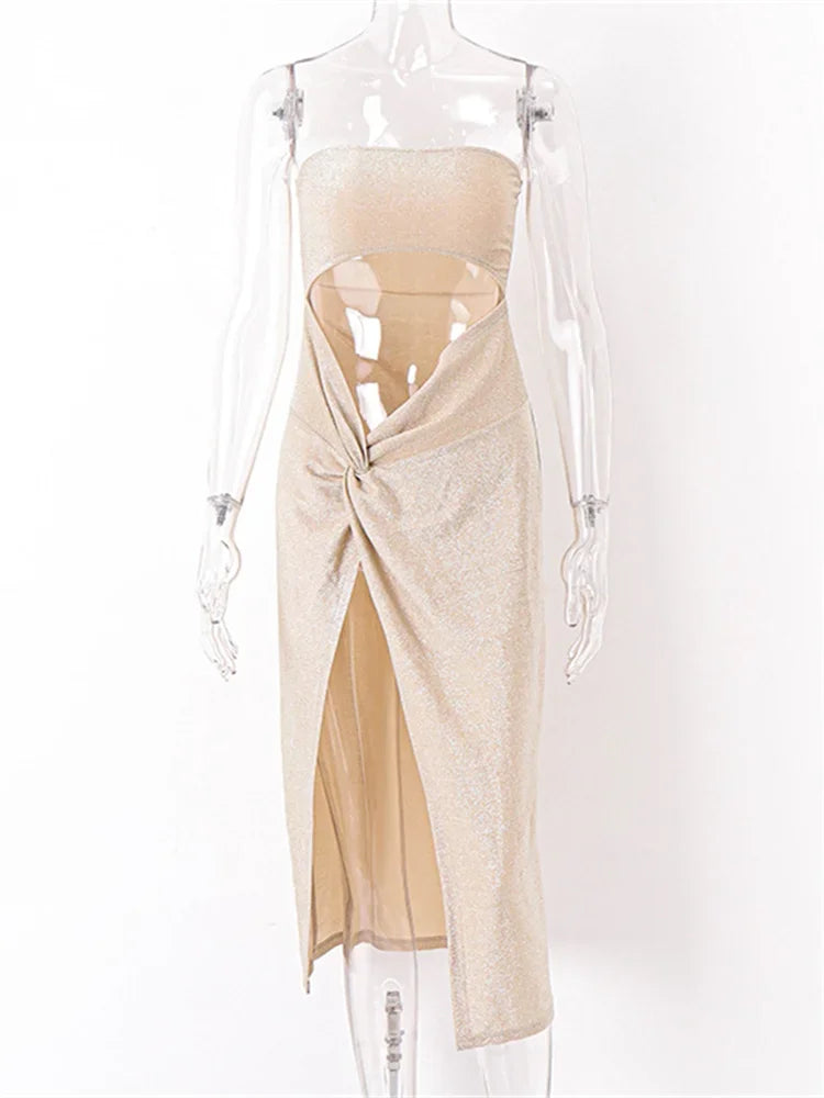 Women Sequin Sexy Dress Strapless Cut Out Bodycon High Slit Midi Dress Summer Evening Party Club Dresses Female Vestidos