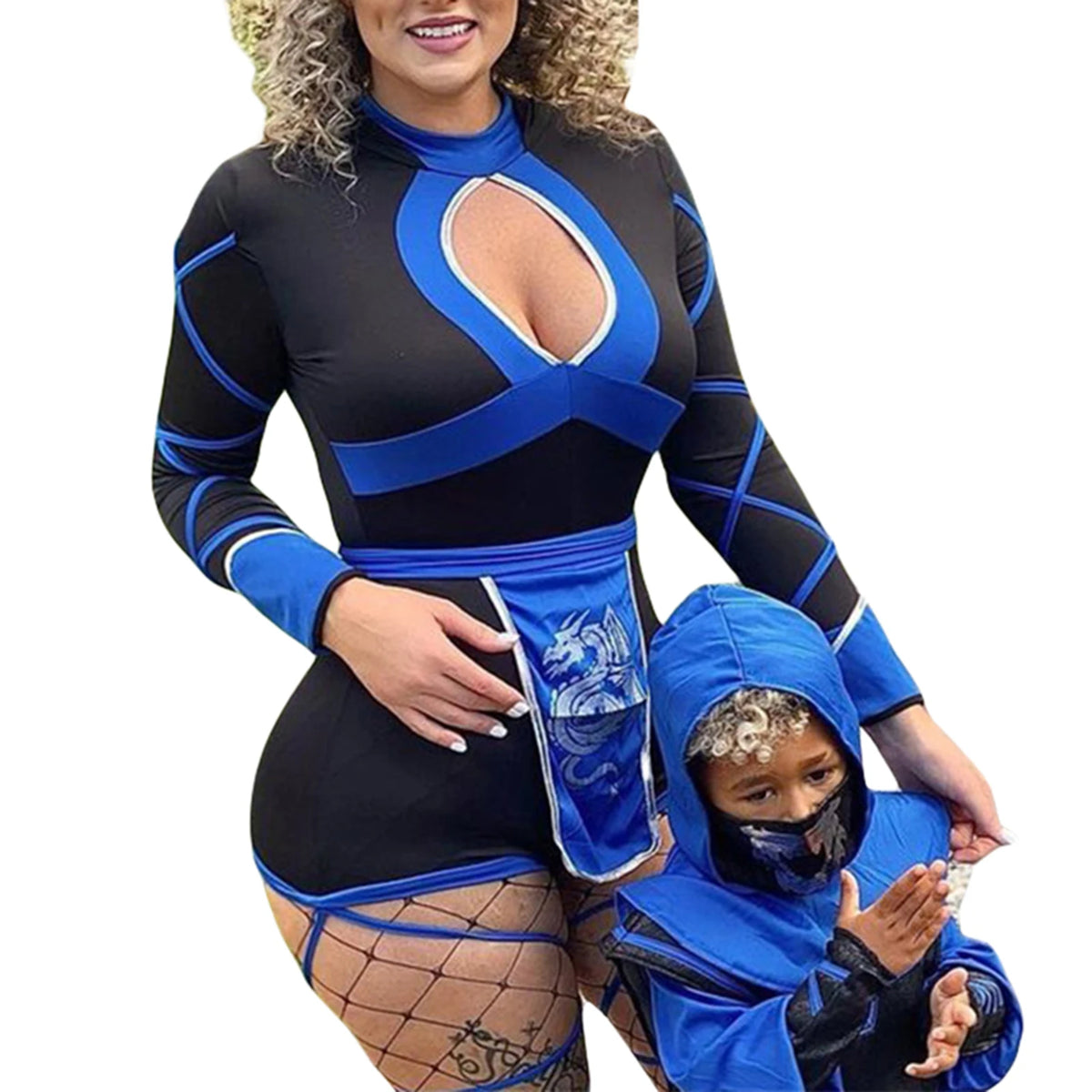Women Contrast Color Bodysuits Long Sleeve Round Neck Front Cutout Slim Fit Short Playsuit with Print Belt Halloween Decoration