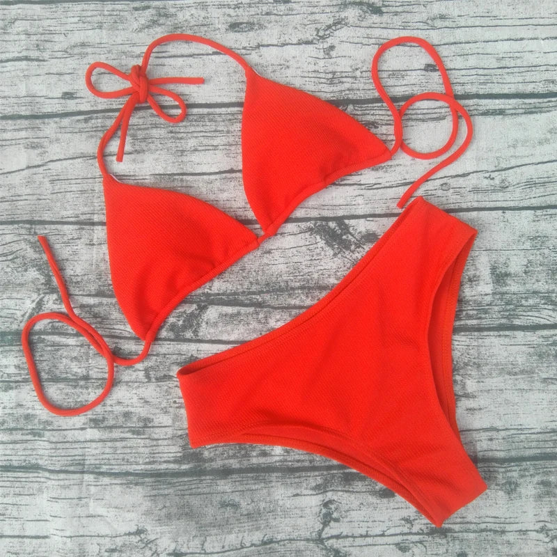 Bikini 2023 Sexy Solid Color Swimwear Women's Triangle Stripe Bikini Set Swimwear Beach Bikini Women's Bikini