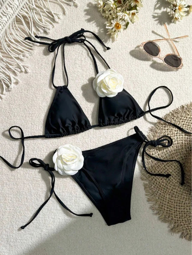 Sexy Bikini Set Women Swimsuit 2024 Black White 3D Floral Print Micro Bikinis Brazilian Cutout Beach Bathing Suit Thong Swimwear
