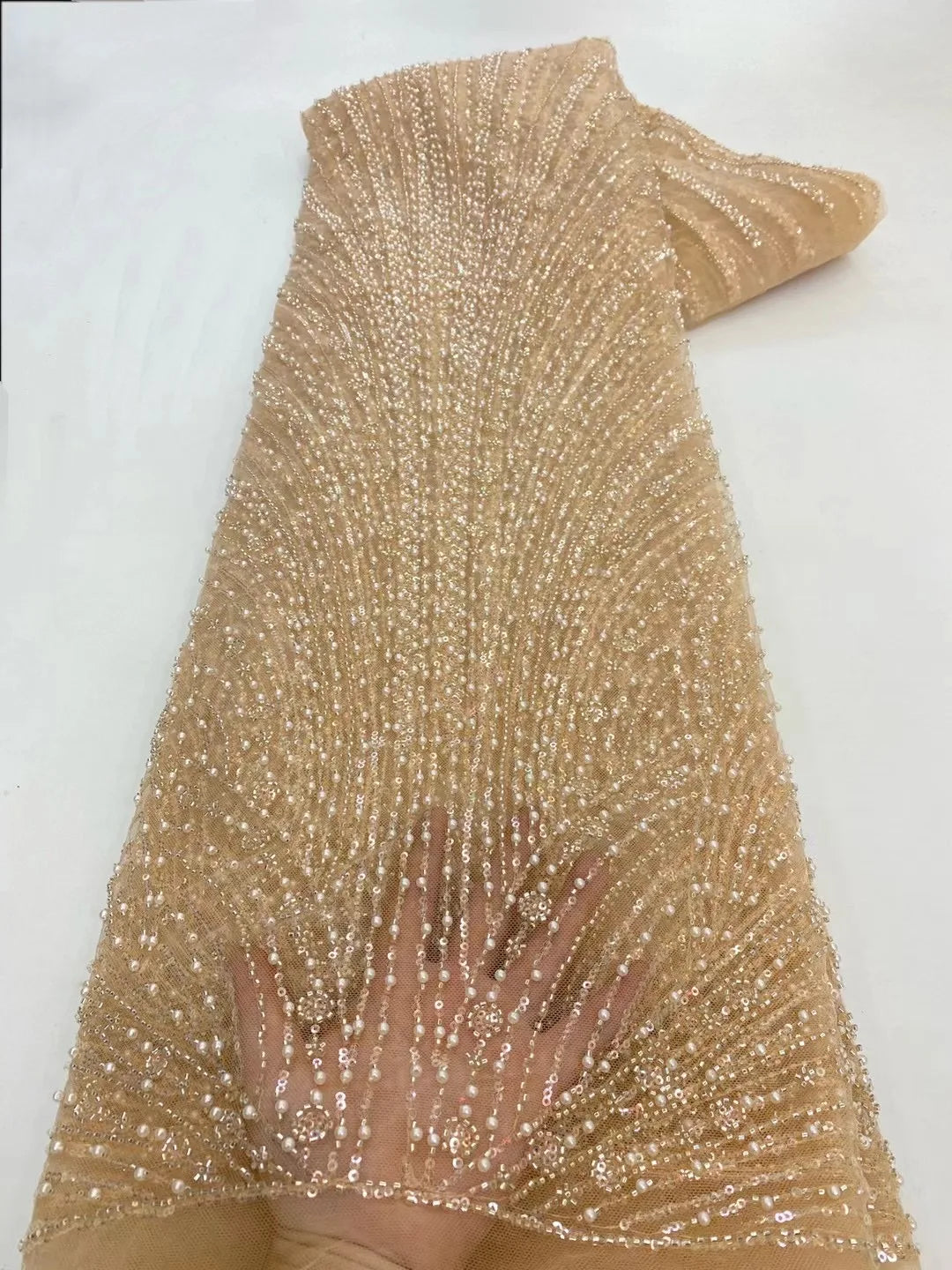 High Quality African Gold Handmade Beaded Lace Fabirc 2025 Sewing sequins Embroidery Nigreian Lace Fabric Women Wedding Dress