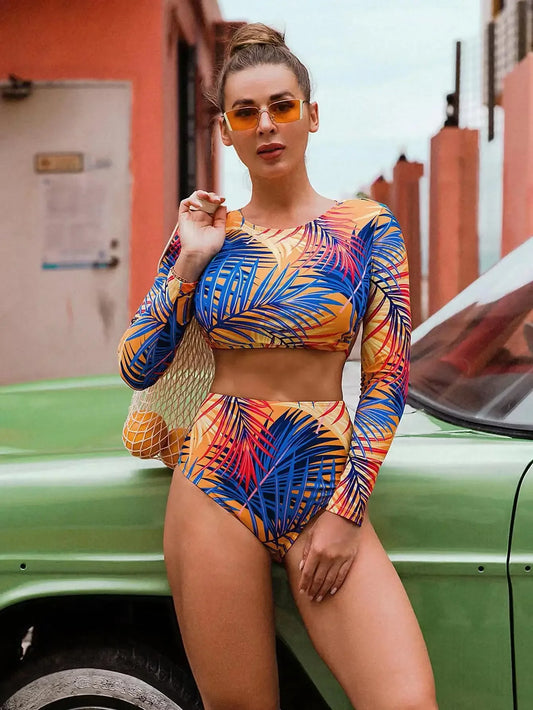 Hot Sale Of The Season High Waist String Bikini Sexy Long Sleeve Separate Swimming Suits Women Cross Border High Waist Rope Back