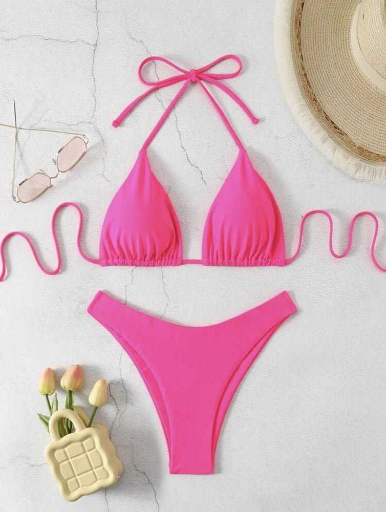 Women Thong Bikini Sexy Solid White/Black/Coffee Halter Swimsuit Lace Up Brazilian Bathing Suit New Double Fabric Beachwear