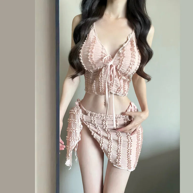 Thailand 2025 New Swimsuit Women's Solid Color Straps High-end Bikini 3-piece Set Beautiful White Swimsuit Women Bikini Set