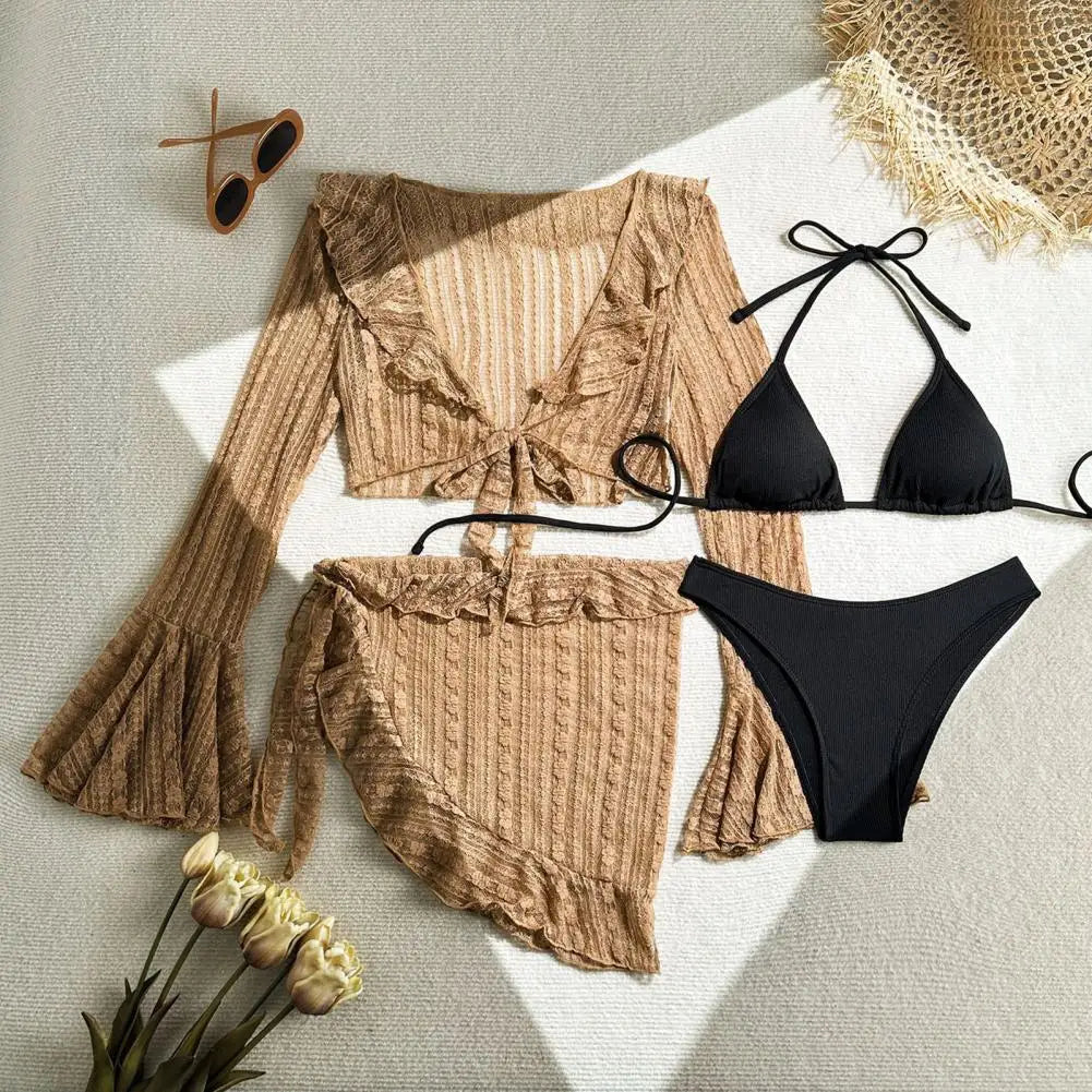 Long Sleeve Bikini Female Swimsuit Women Swimwear Four/Two-pieces Bikini set Sarong Halter Bather Bathing Suit Swim