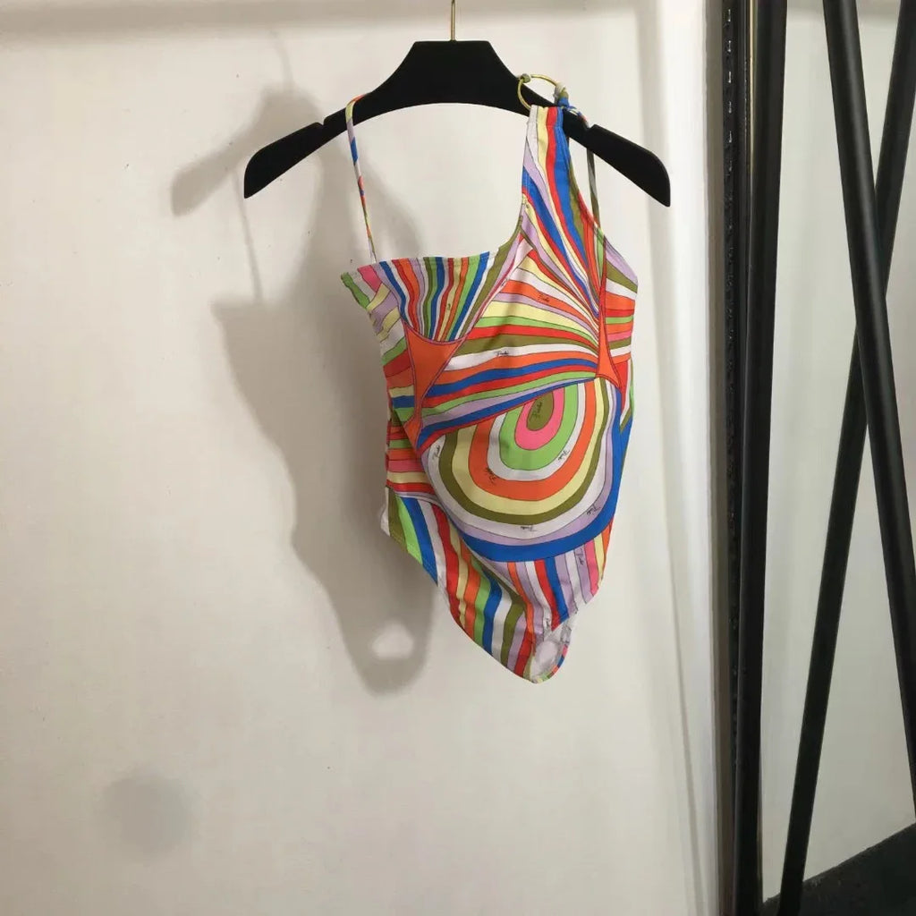 European Luxury Design Women's One-piece Swimsuits Striped Letter Print Swimwear Fashion Brand Women's Sexy Beach Bikini Sets