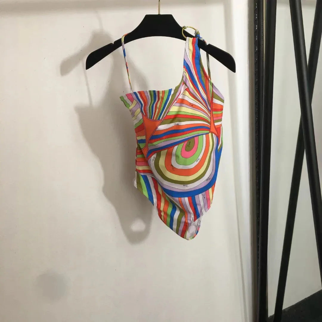 European Luxury Design Women's One-piece Swimsuits Striped Letter Print Swimwear Fashion Brand Women's Sexy Beach Bikini Sets