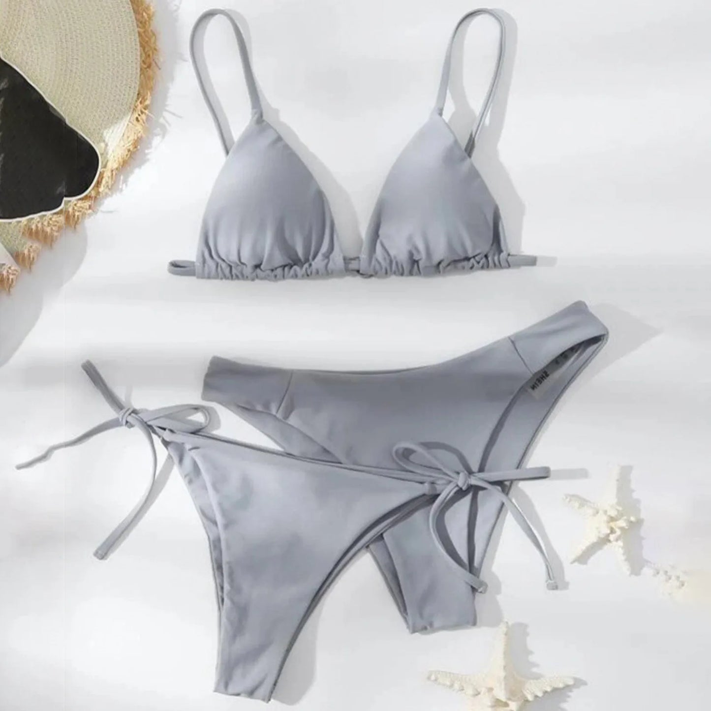 Women's Summer Fashion Sexy Basic Solid Color Backless Lace-up High Waist Adjust Buckle Sling Bikini Three-pieces Swimsuit