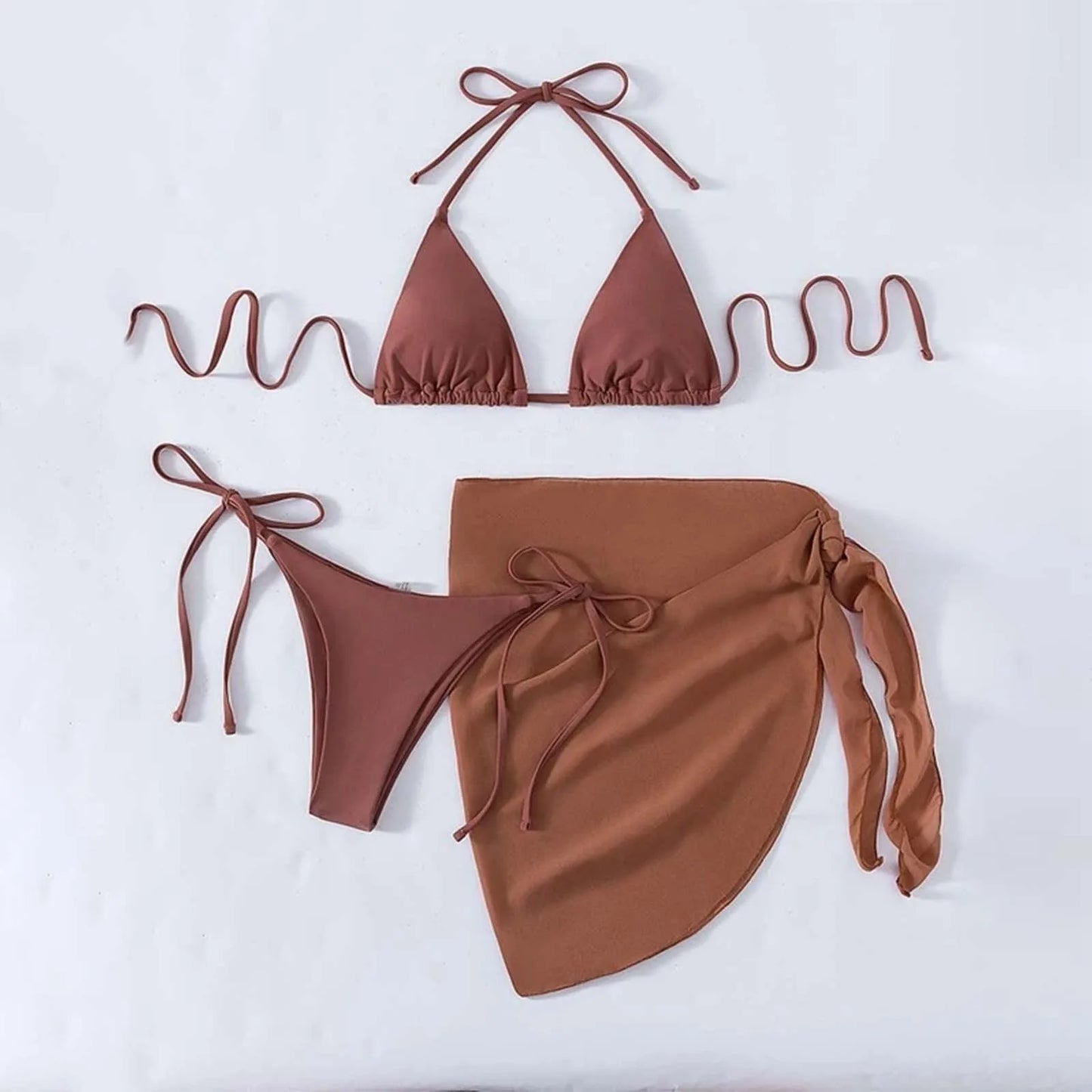 Women'S Solid Halter Backless Bikinis Set Sexy Triangle Cup Lace Up Bikini Top With Bottoms Swimsuit Cover Up 3 Piece Swimsuit
