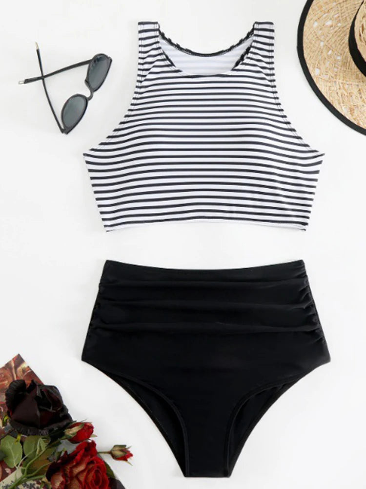 Circyy Striped Bathing Suit Women Fashion Two-pieces Swimwear High Waisted Solid Bikini Set Summer 2025 New Holiday Beachwear