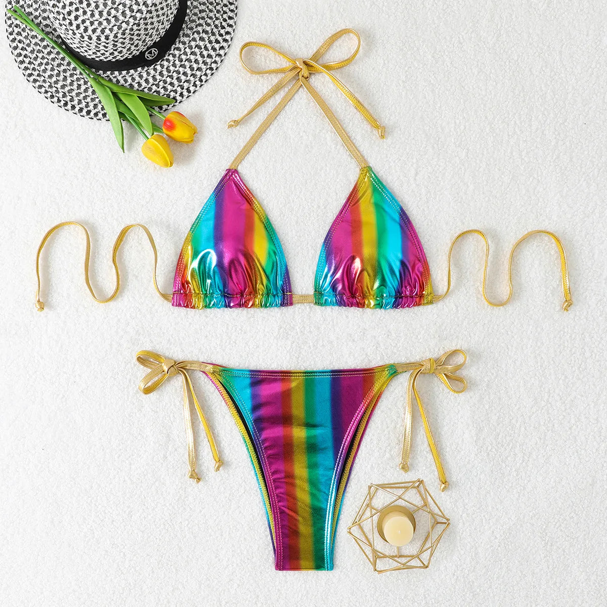Sexy Triangle Push Up Bikini Metallic Brazilian Swimwear Women Golden Silver Side String Bikini Bathing Suit Beach Wear Biquini