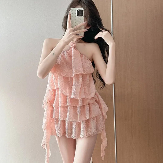 Cute Girl Bikini Swimsuit Women's Layered Lace Trim Slimming Belly Covering Swimming Suit New Model Chinese Brand AE Stock
