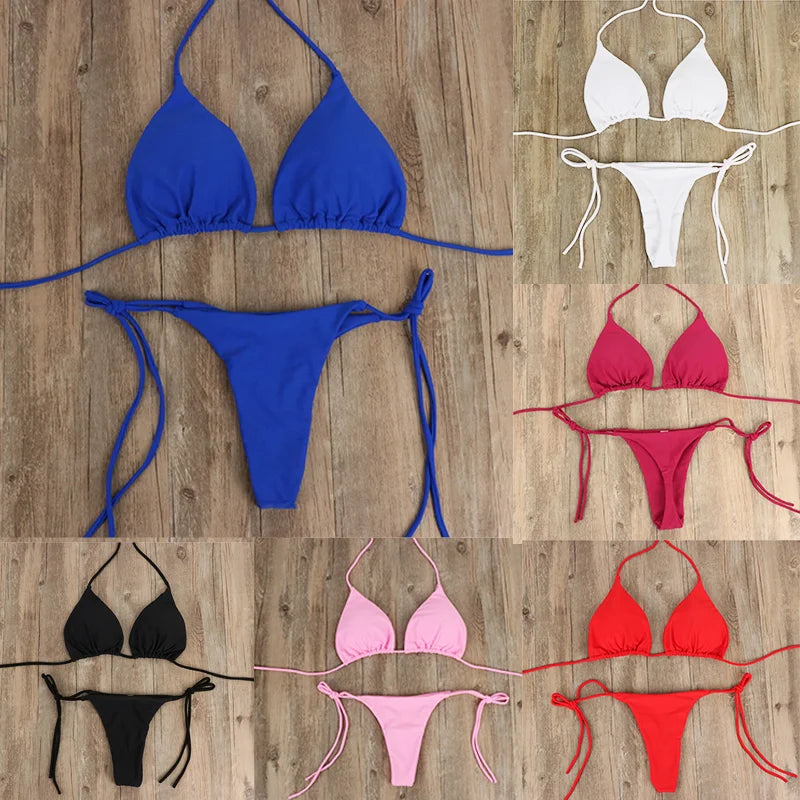 Swimming Suit Sexy Women 2-pcs Swimwear Lace Up Bra Thong Beach Set Solid Bathing Summer Casual Vacation Ladies Outfits 2024