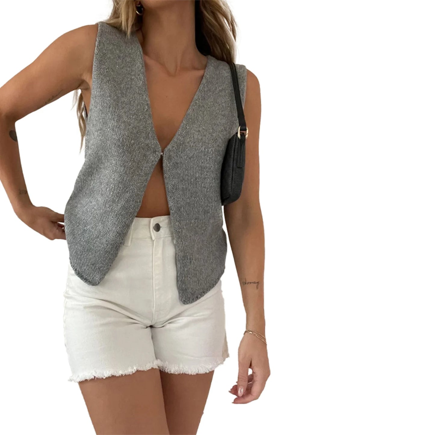 Tank Top Cardigans For Women Crochet Vest Y2k Sleeveless V Neck Knit Open Front Crop Top Solid Color Cutout Casual Streetwear