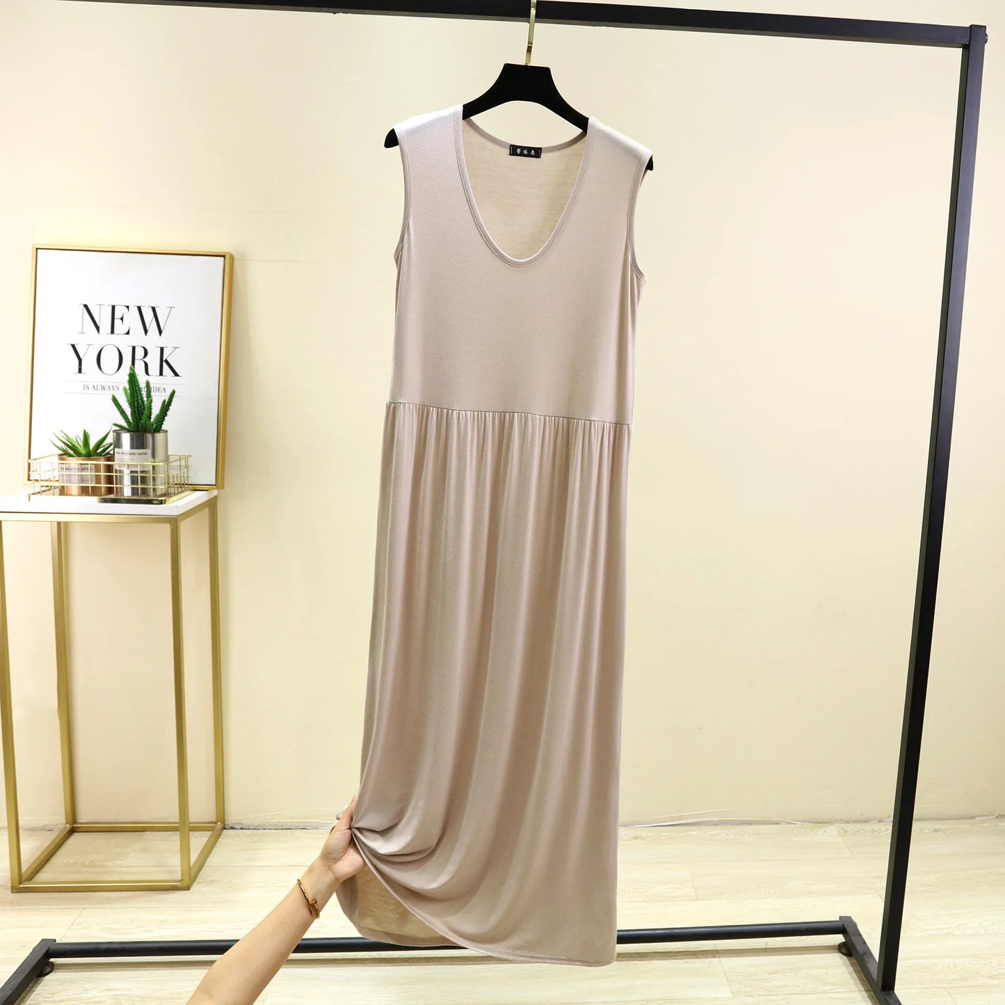 Plus size L to 6XL Women's dress Modal Sleeveless tank dress Pleated sleepdress Mid-Length waist-slimming dresses Loose homewear