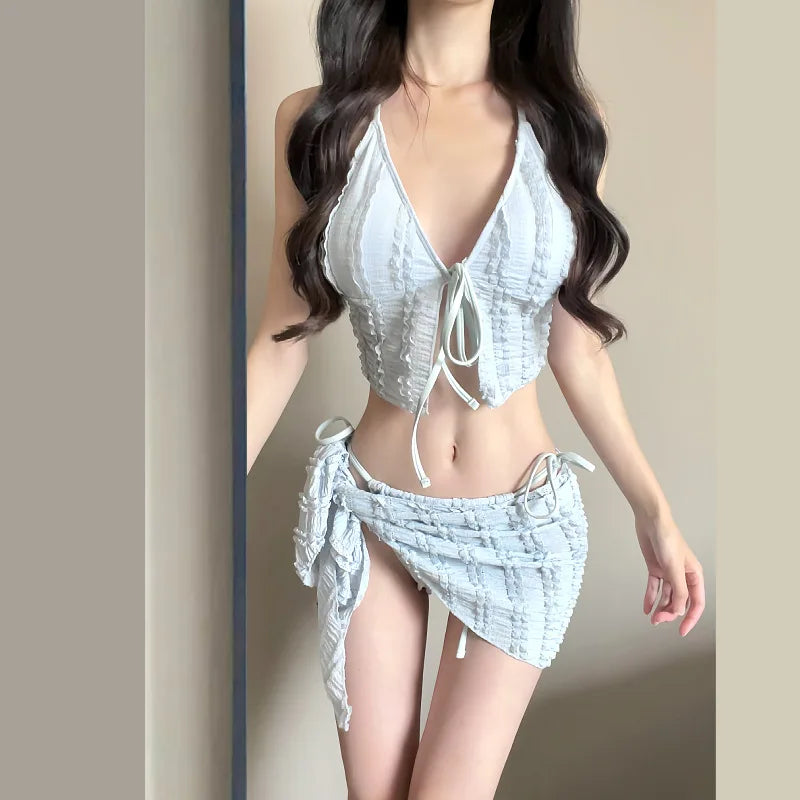 Thailand 2025 New Swimsuit Women's Solid Color Straps High-end Bikini 3-piece Set Beautiful White Swimsuit Women Bikini Set