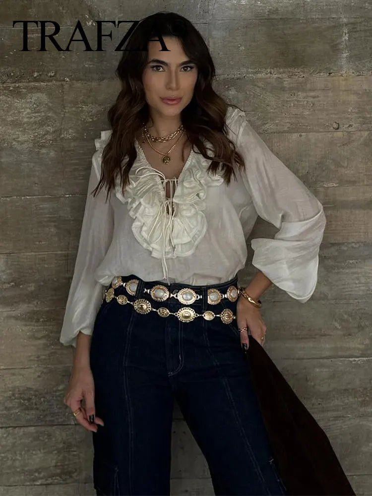 TRAFZA Elegant Women's Tierred Ruffles Blouses V-Neck Long Sleeve Loose Shirt Lady Spring Chic Lace-up Wild Woman Solid Top