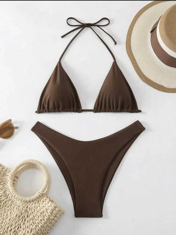 Women Thong Bikini Sexy Solid White/Black/Coffee Halter Swimsuit Lace Up Brazilian Bathing Suit New Double Fabric Beachwear