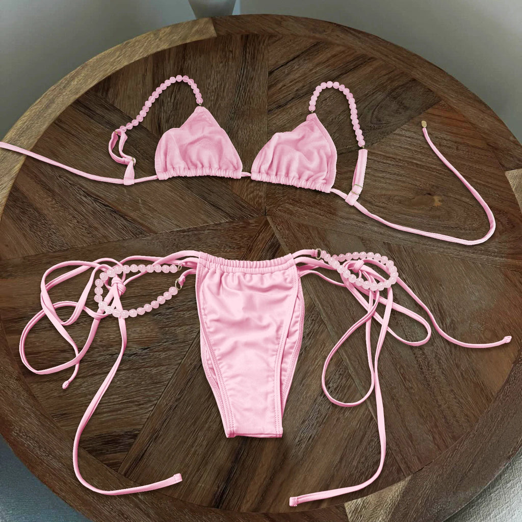 Beads Bikini Sexy Women Swimsuit Female Swimwear Micro Bikini Set Bandeau Swimming Suit Beachwear Pink Brazilian Biquini