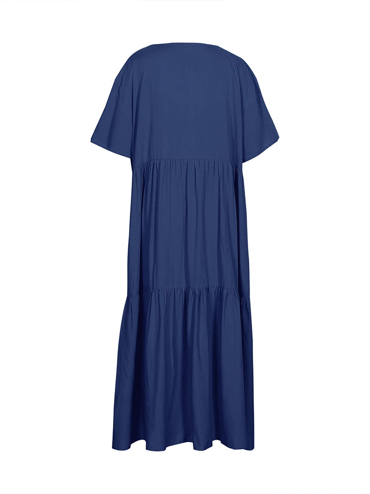 Plus Size Dress Women 2025 Summer V-Neck Short Sleeve Pleated Solid Color Casual Midi Dress Hem Loose Dress XL-5XL