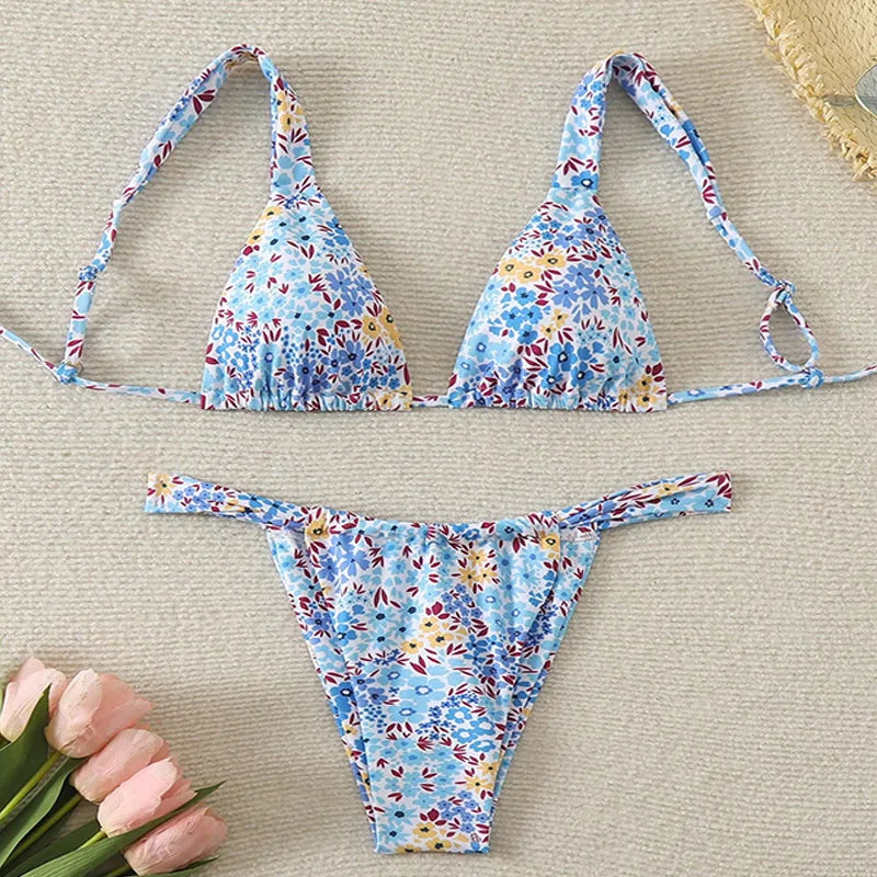 Sexy Pink Floral Print Bikini Set 2025 Women Halter Push Up Bra Pleate Thong Swimsuit Summer Bathing Suit Triangle Swimwear