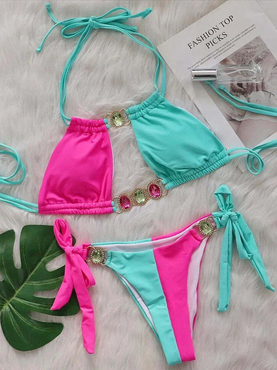 2025 Splicing Halter Diamond Bikini Women Swimsuit Female Swimwear Two Pieces Bikini Set Hollow Out Bathing Suit Swim Beach Wear