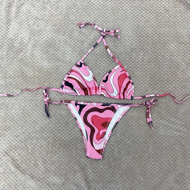 European Luxury Design Women's One-piece Swimsuits Striped Letter Print Swimwear Fashion Brand Women's Sexy Beach Bikini Sets