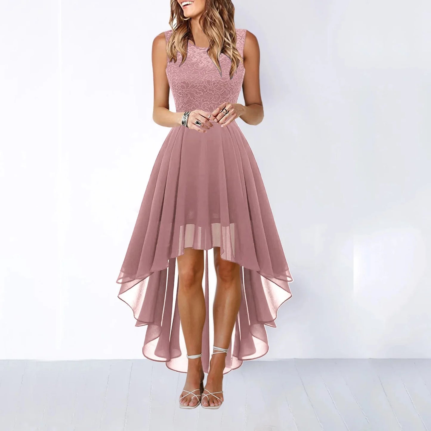 Spring Summer 2025 Hollow out Waist Cinched Lace Evening Dress Midi Skirt Sleeveless round Neck Polyester Fabric Empire Waist