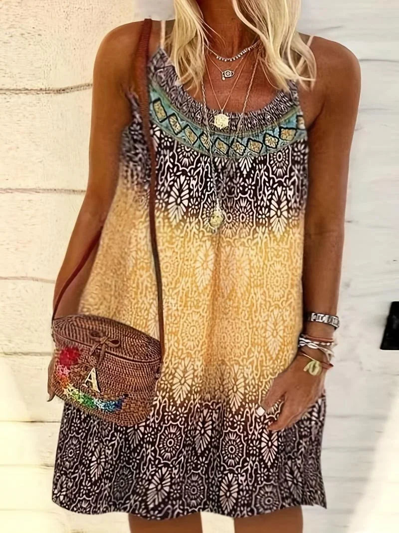 Summer Fashion Women's Plus Size 1XL-6XL Ladies Vintage Printed Casual Beach Dress Spaghetti Strap Loose Dress Boho Dress Robe
