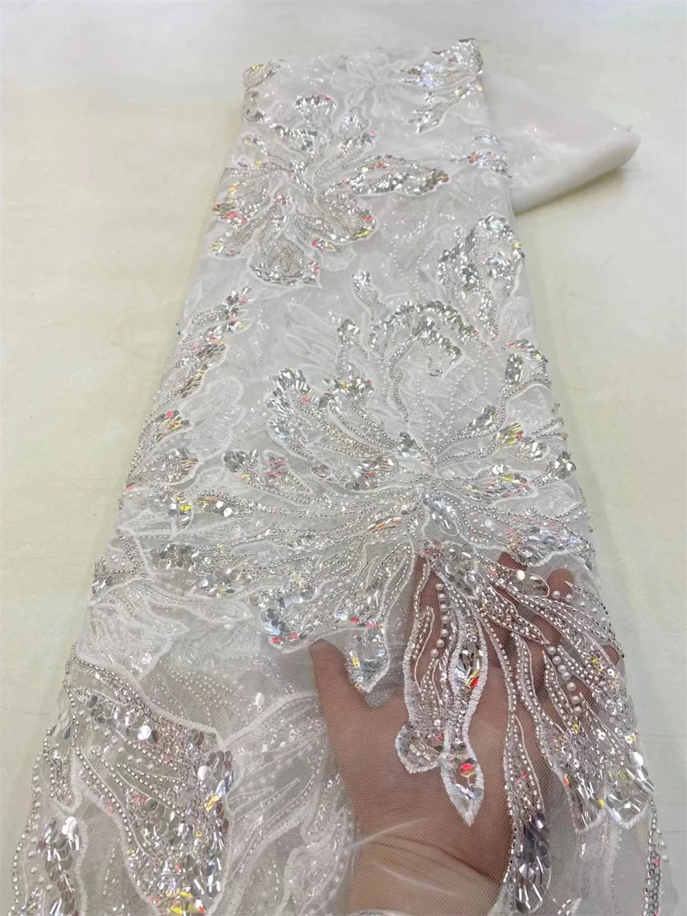 African Lace Fabric 2025 - Sequined Beaded Bridal Lace - No. 001, 5 Yards