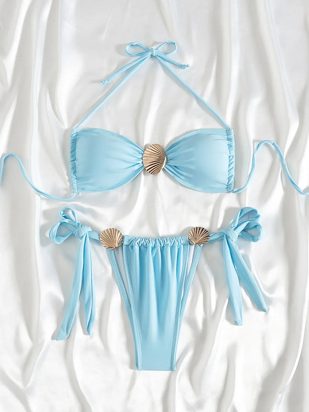 New Metal Shell Bikini 2025 Mujer Women Sexy Sky Blue Pleate Push Up Micro Swimsuit Beach Bathing Suit Tie Side Thong Swimwear