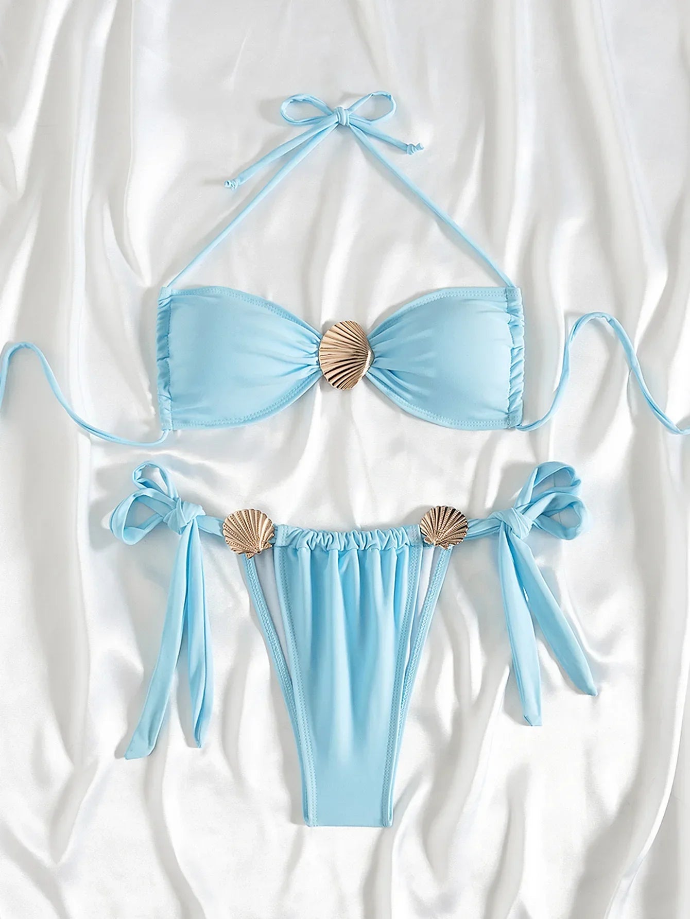 New Metal Shell Bikini 2025 Mujer Women Sexy Sky Blue Pleate Push Up Micro Swimsuit Beach Bathing Suit Tie Side Thong Swimwear
