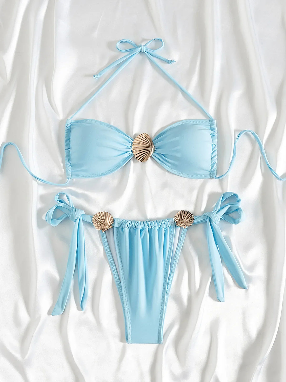 New Metal Shell Bikini 2025 Mujer Women Sexy Sky Blue Pleate Push Up Micro Swimsuit Beach Bathing Suit Tie Side Thong Swimwear