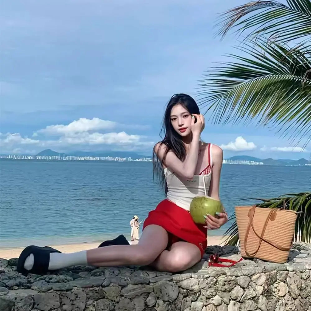 Beach Wear Sweet Swimsuits Two Piece Sleeveless V Hem Floral Bikini Set Women Backless Korean Style Flower Swimming Suit Summer